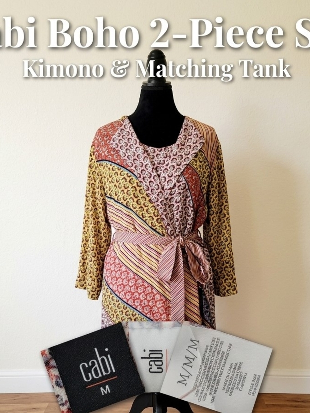 Cabi Boho Patchwork Wrap Kimono & Matching Tank Set Size M Style 5664 Multi